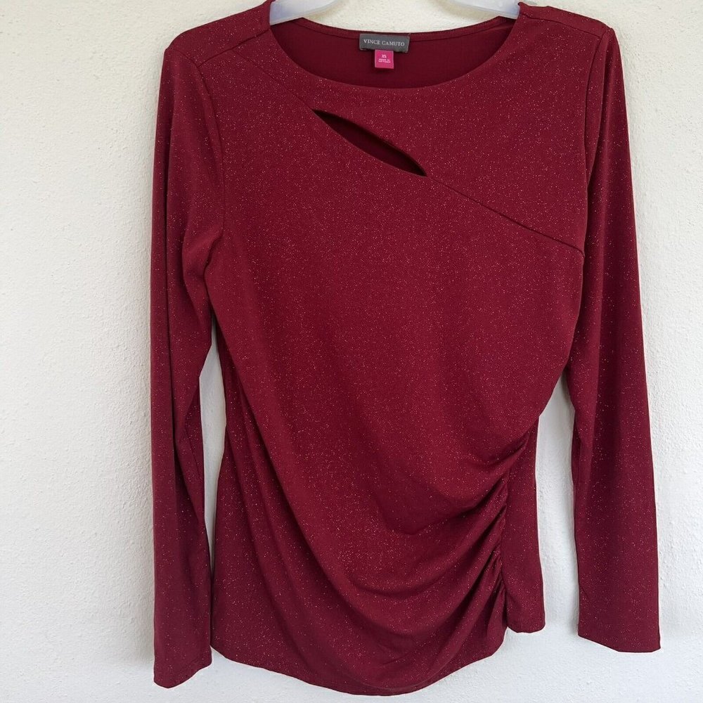 NEW VINCE Camuto blouse Sparkle Cut Out Top XSMALL Burgundy Long Sleeve Stretch